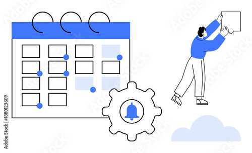 Calendar management. A calendar with marked dates, gear with bell icon for notifications, and a person arranging tasks. Calendar use includes organization, planning, scheduling, workflow