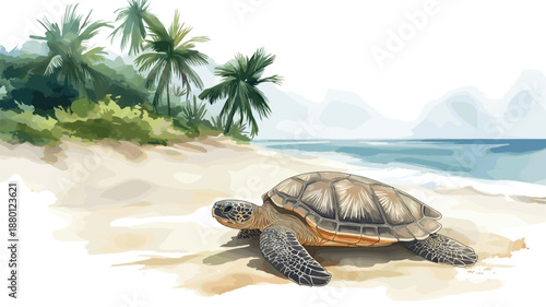 Hattes Beach - Turtle nesting. Hattes Beach - Turtle nesting hand drawn watercolor illustration