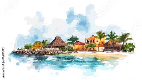 Cozumel Island. Cozumel Island hand drawn watercolor illustration