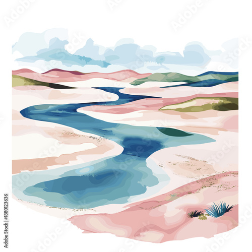 Lencois Maranhenses National Park. Lencois Maranhenses National Park hand drawn watercolor illustration