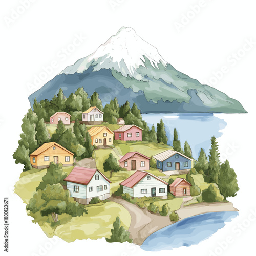 Puerto Varas. Puerto Varas hand drawn watercolor illustration
