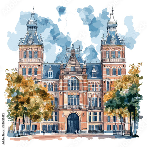 Rijksmuseum. Rijksmuseum watercolor vector illustration