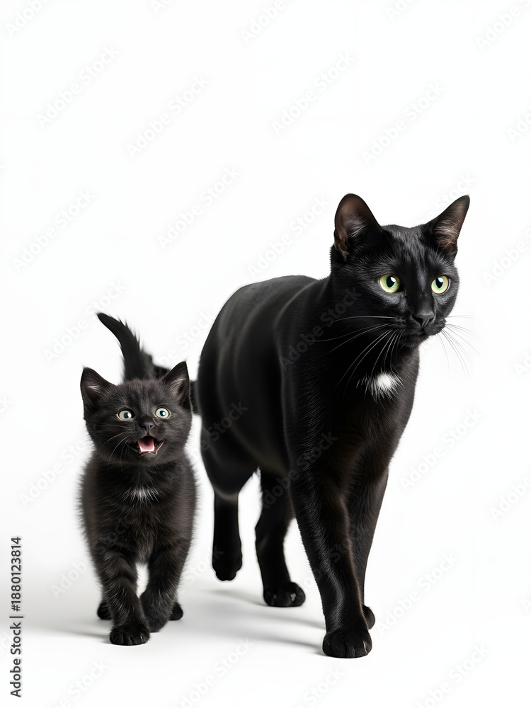Fototapeta premium Adult Black Cat and Cute Meowing Kitten Walking Together Isolated on White Background, Mama Cat With Kitten