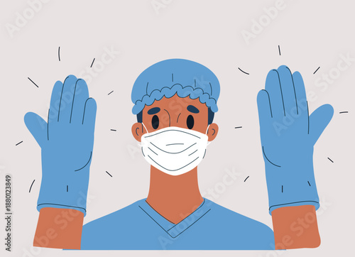 Cartoon vector illustration of man wearing rubber gloves, medical mask and cap, hygiene, safety and health protection concept