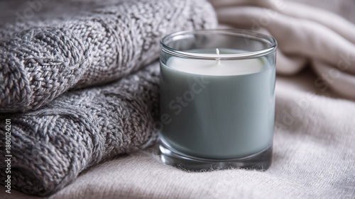 Soothing gray candle in glass jar on soft knit sweater and blanket, creating a warm, cozy home atmosphere