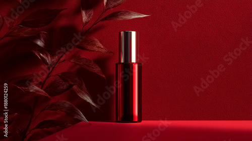 Skincare product glossy red bottle standing on a podium with natural botanical leaves on textured background