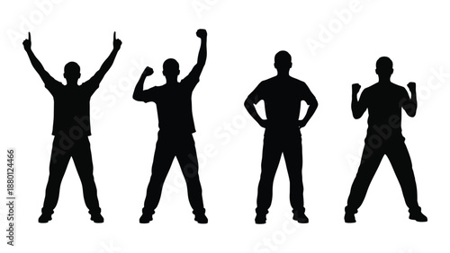 Four black silhouettes of men in different poses on white background