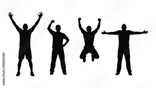 Four black silhouettes of men in different celebratory poses on white background
