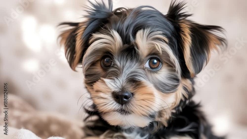 Tiny morkie puppy playing sweetly among colorful autumn leaves