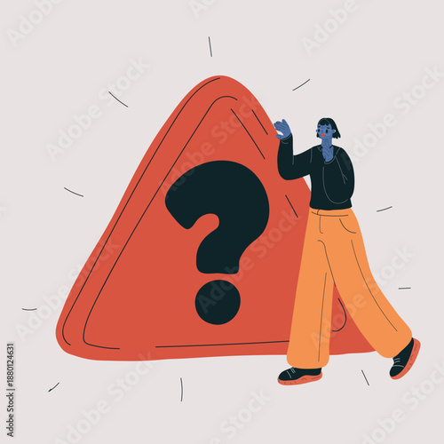 Cartoon vector illustration of woman standing next to exclamation mark warning sign in red triangle, caution, alert and safety concept