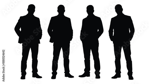 four men standing in a row with their hands by their sides or in their pockets