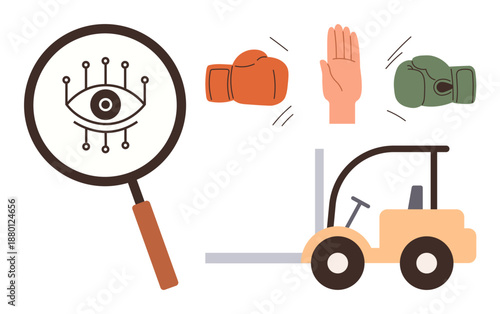 Workplace safety, risk assessment, industrial equipment, conflict management, accident prevention, hazard analysis. Boxing gloves, hand forklift magnifying glass with eye icon. Workplace safety
