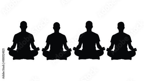 four people sitting in lotus position meditating in a row