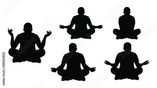 set of five black silhouettes of people meditating in different yoga poses
