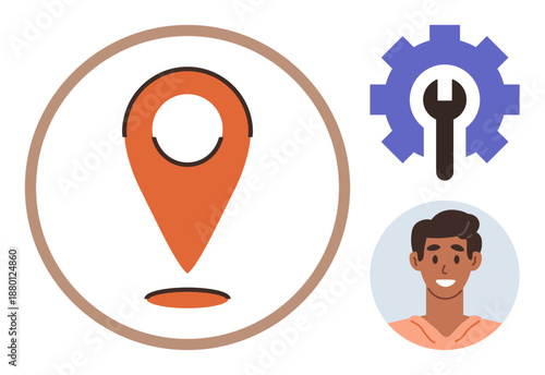 Navigation, technical support, customization, user interface, service repair, geolocation technology. Orange pin with circle, gear with wrench human portrait. Navigation and technical support
