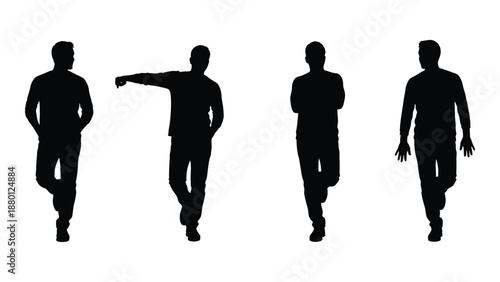 Four black silhouettes of men walking in different poses on white background