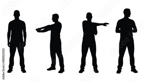 Four black silhouettes of men in different poses on white background