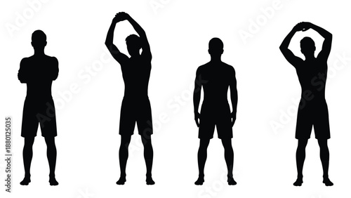 Silhouette series depicting a man performing a simple upper body stretching exercise