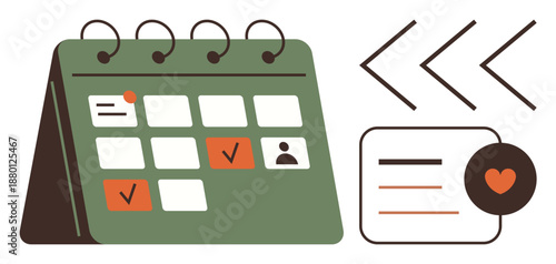 Time management, task planning, personal organization, productivity tools, event reminders, scheduling. A calendar with checkmarks and heart icons. Time management and task planning concept