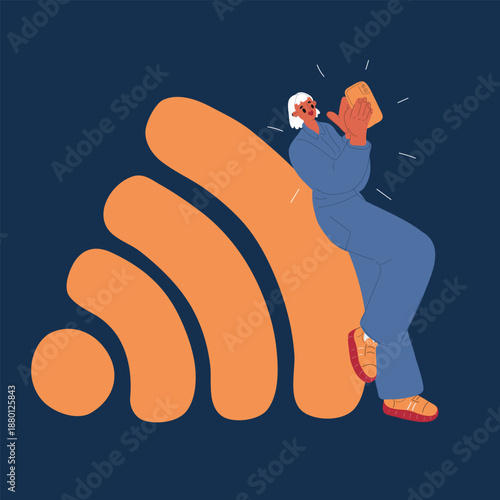 Cartoon vector illustration of woman leaning on Wi-Fi symbol, using internet, digital connectivity and online lifestyle concept