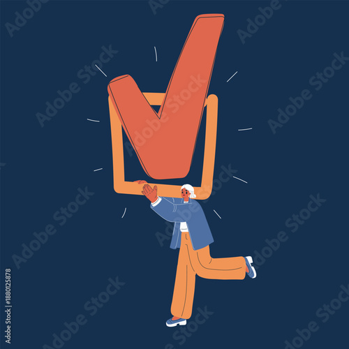 Cartoon vector illustration of woman holding giant checkbox with checkmark inside, task completion, success and achievement concept