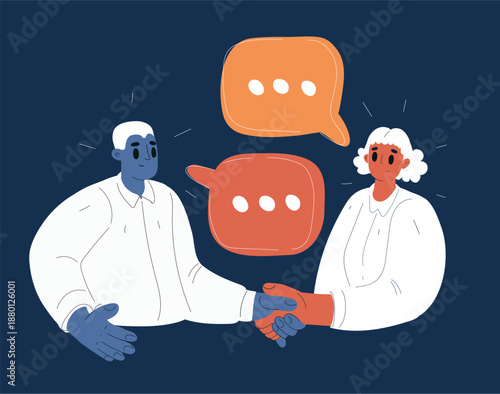 Cartoon vector illustration of man and woman shaking hands while talking, business meeting, teamwork and professional communication concept