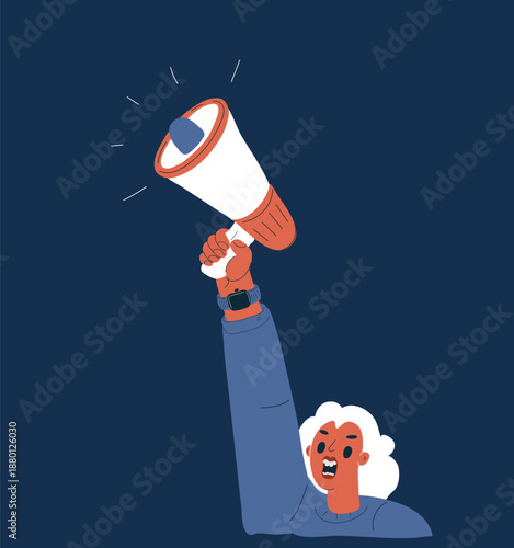 Cartoon vector illustration of angry woman holding megaphone, shouting, protest and expression of anger concept