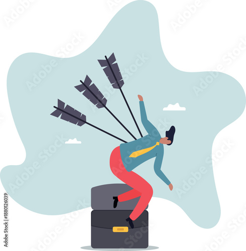 A businessman wounded by arrows falls. The concept of failure in business.