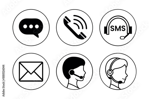 Wallpaper Mural Contact Icons Black and White Vector Set.  Collection of Headset, Phone Call, Email Envelope, Chat Bubble, Help Desk and Customer Support Service Icons for Contact Us Pages, Mobile Apps Torontodigital.ca