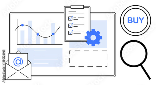 Data chart with rising graph, email envelope, checklist clipboard, gear, buy button, magnifying glass. Ideal for analytics, communication, e-commerce settings planning organization research
