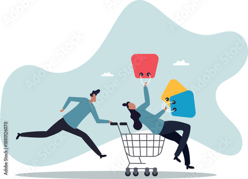 A man pushes his woman with bags on a cart .shopping concept