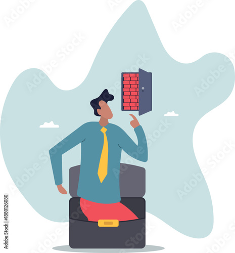 A brick wall behind the door as a symbol of an obstacle for a businessman. Concept of problem solving.