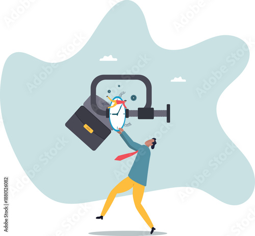 The vice grips the clock as a symbol of the lack of time for work..