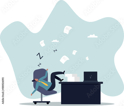 An employee sleeping at his workplace has documents flying around.