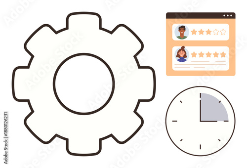 Business productivity, customer reviews, scheduling, time management, process optimization, user feedback. Gear icon, rating interface clock graphic. Business productivity customer reviews concept