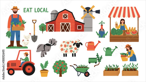 Local Organic Farming Vector Set – Farmers Planting, Harvesting, Selling Crops, Farm Animals and Farmhouse Illustration