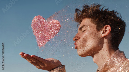 A man blows on a sequin heart. Valentine's Day concept.