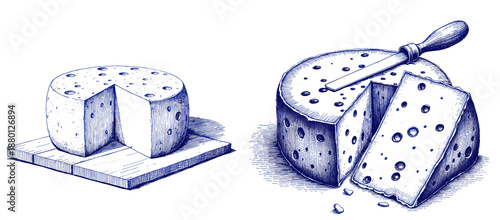 Vintage sketch of cheese wheel and pieces with knife on wood board  