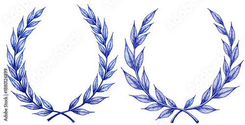 Vintage sketch of laurel wreaths in blue ink for Bastille Day  