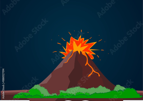 Volcano flowing with hot molten lava. Volcanic eruptions. Wild landscape, dark night background. Illustration vector