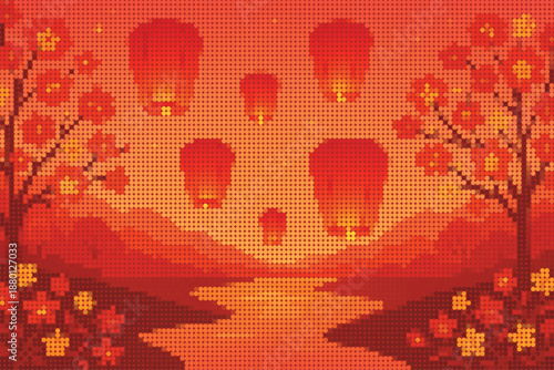 Halftone Glowing Red Chinese Lanterns Floating Over Calm River Valley and Floral Trees