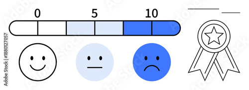 Customer feedback, service ratings, satisfaction measurement, emotional responses, quality assessment, user experience. Rating scale with happy, neutral sad icons and a badge. Customer feedback