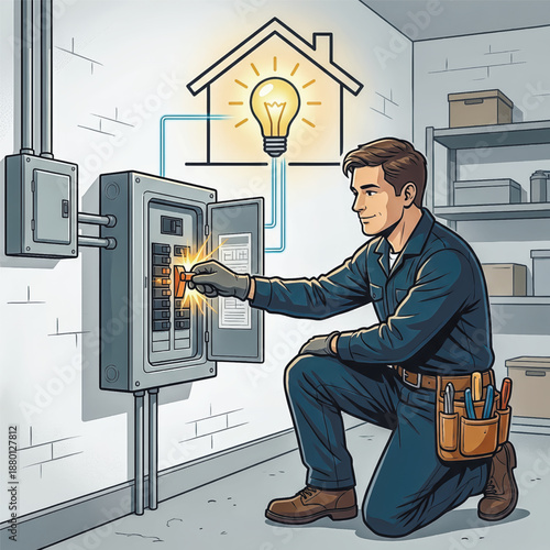 An electrician at a fuse box, providing power to a home. Vector concept for electrical repair, maintenance, and residential services.. Vector illustration