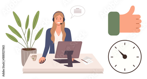 Customer service, communication, work productivity, office management, feedback, time management. A woman with headset, computer and desk accessories. Customer service and communication theme