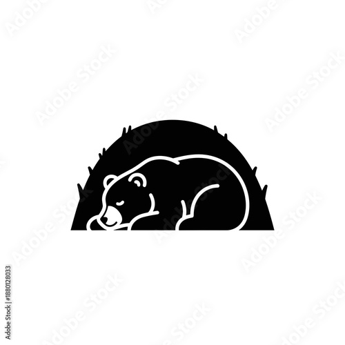 Sleeping bear in den black silhouette icon for infographic design wildlife symbols and educational materials