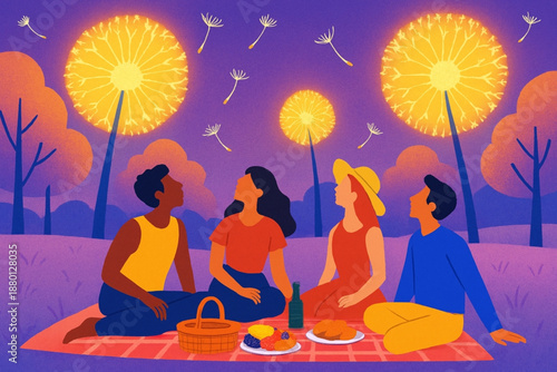 Group of friends enjoying a night picnic under magical glowing dandelions. Whimsical flat vector illustration of togetherness and summer magic.