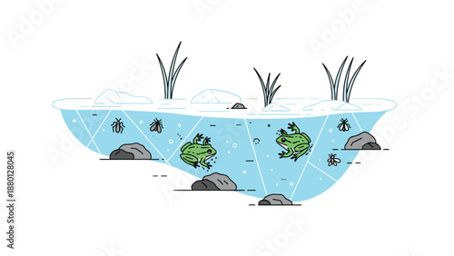 Frozen pond habitat simple cartoon illustration with fish under ice for children education and learning with copy space