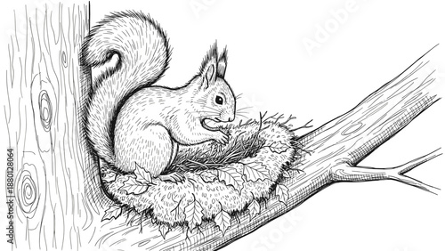 Squirrel resting in nest on tree branch pencil illustration for wildlife education nature studies and animal habitat concepts