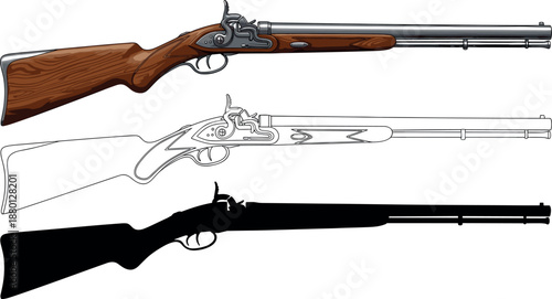 Historical flintlock musket illustration, color drawing, line art, silhouette version, antique firearm design, weapon concept for educational use