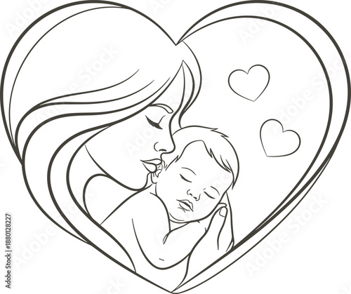 Mother kissing baby, heart shaped love, maternal care symbol, newborn affection graphic, family bond illustration, motherhood icon, emotional design, art